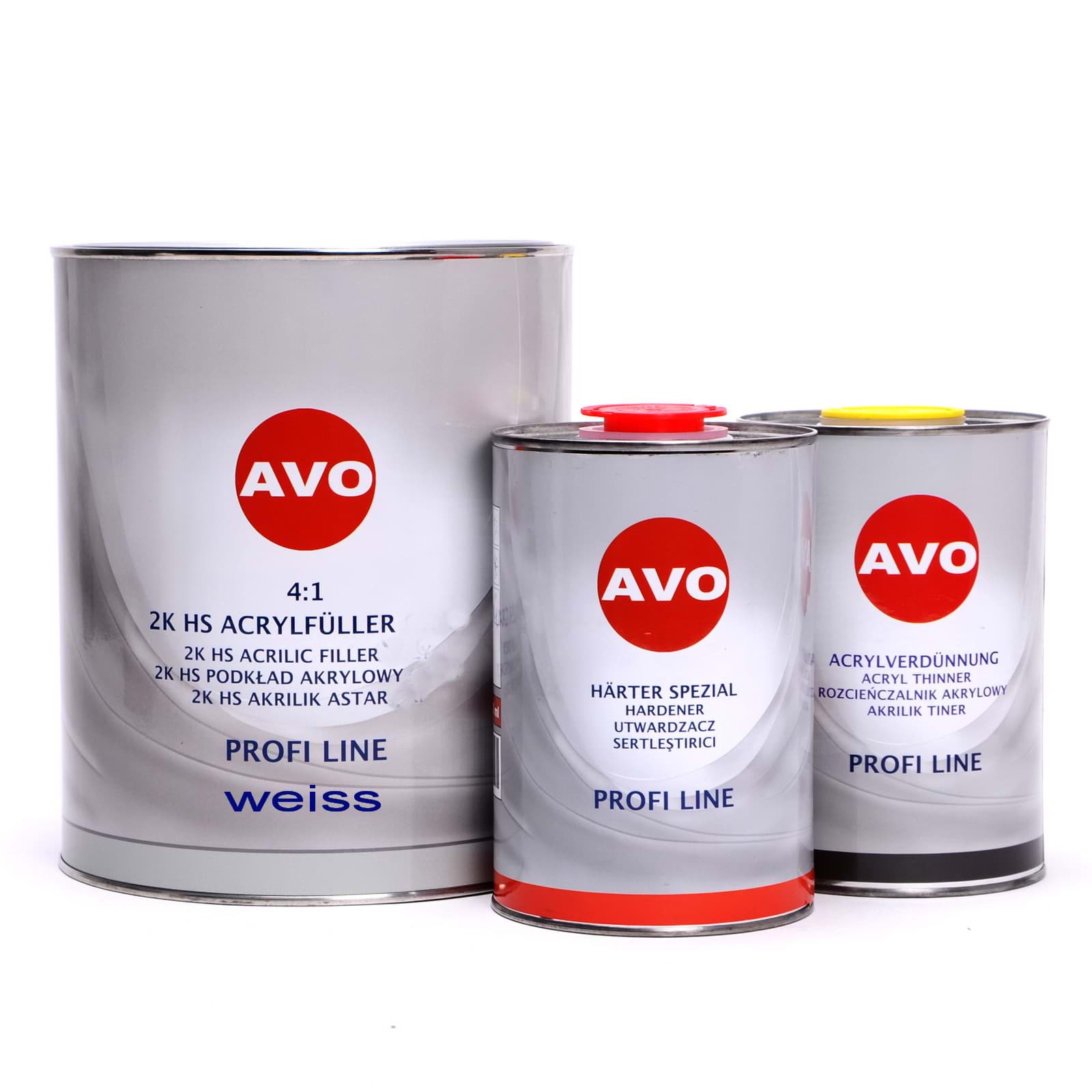 Afbeelding van AVO 2K HS 4:1 Grundier Füller  Acrylfiller weiss 6 Liter Set (4Liter Füller + 1 Liter Härter + 1 Liter 2K Acrylverdünnung)